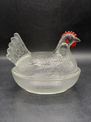 Vintage Indiana Glass Clear Hen on Nest Covered Dish Red Comb 6.5''