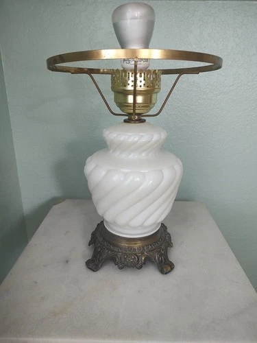 Milk Glass Bronze Tone Footed Vintage Lamp Hurricane GWTW 13.5"-Top Light-EBG101
