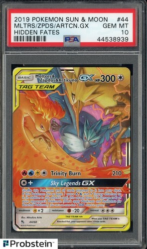 2019 Pokemon Sun & Moon Hidden Fates #44 Moltres & Zapdos & Articuno GX PSA 10