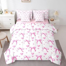 Cute Pink Bow Comforter Set with Sheets Size Kid Bowknot Heart Twin Pink Beige