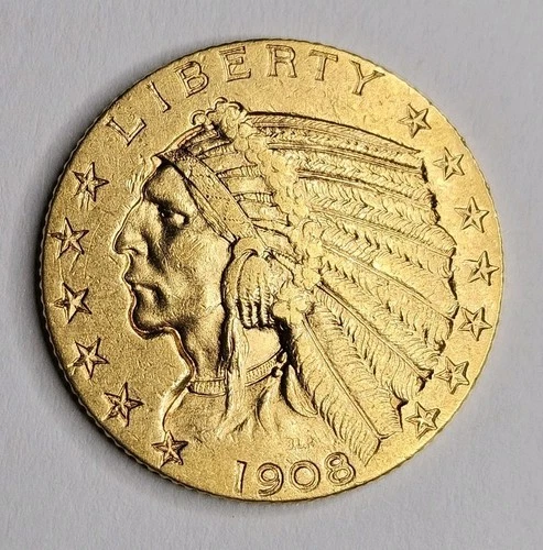 1908-S Indian Gold Half Eagle $5 Coin Looks AU About UNC Rare Date