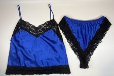 Vtg 90s Shiny Camisole Lingerie Set Royal Blue Black 2 Piece Sz L