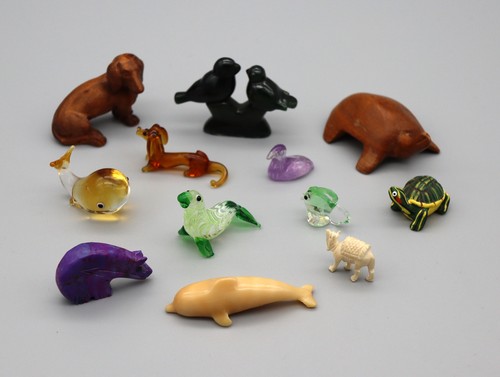 13 Animal Figures & Carvings - Murano Glass, Amethyst, Crystal, Wood & Bone