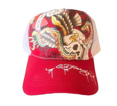 Ed Hardy Red Trucker Hat Embroidered New York Eagle Skull Snake Adjustable Mesh