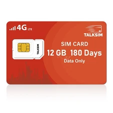 180 Days 12GB 4G LTE Data SIM USA - Supports AT&T/Verizon, for Unlocked Devices
