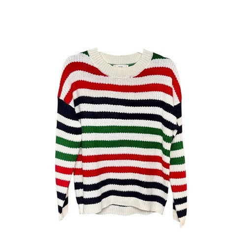 Mine Striped Knit Sweater Sz M White Red Green Crew Neck Long Sleeve Pullover - Picture 1 of 7