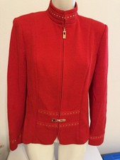 St John Collection Women  s Vibrant Red Blazer Jacket Santana Knit gold Zipper 8