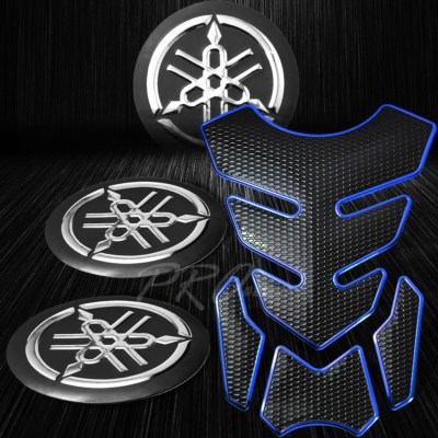 4PC Perforated Black+Chrome Blue Fuel Tank Pad+2'' 3D Logo Fairing Emblem Sticker