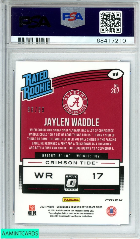 2021 PANINI CHRONICLES DP JAYLEN WADDLE #207 BLUE 66 OF 99 POP 2! RC PSA 10 - Image 2 of 3
