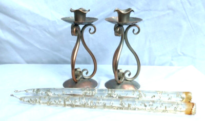 Gregorian Plated Copper Candleholders w/ Silver Flecked Lucite Taper Candles (2)