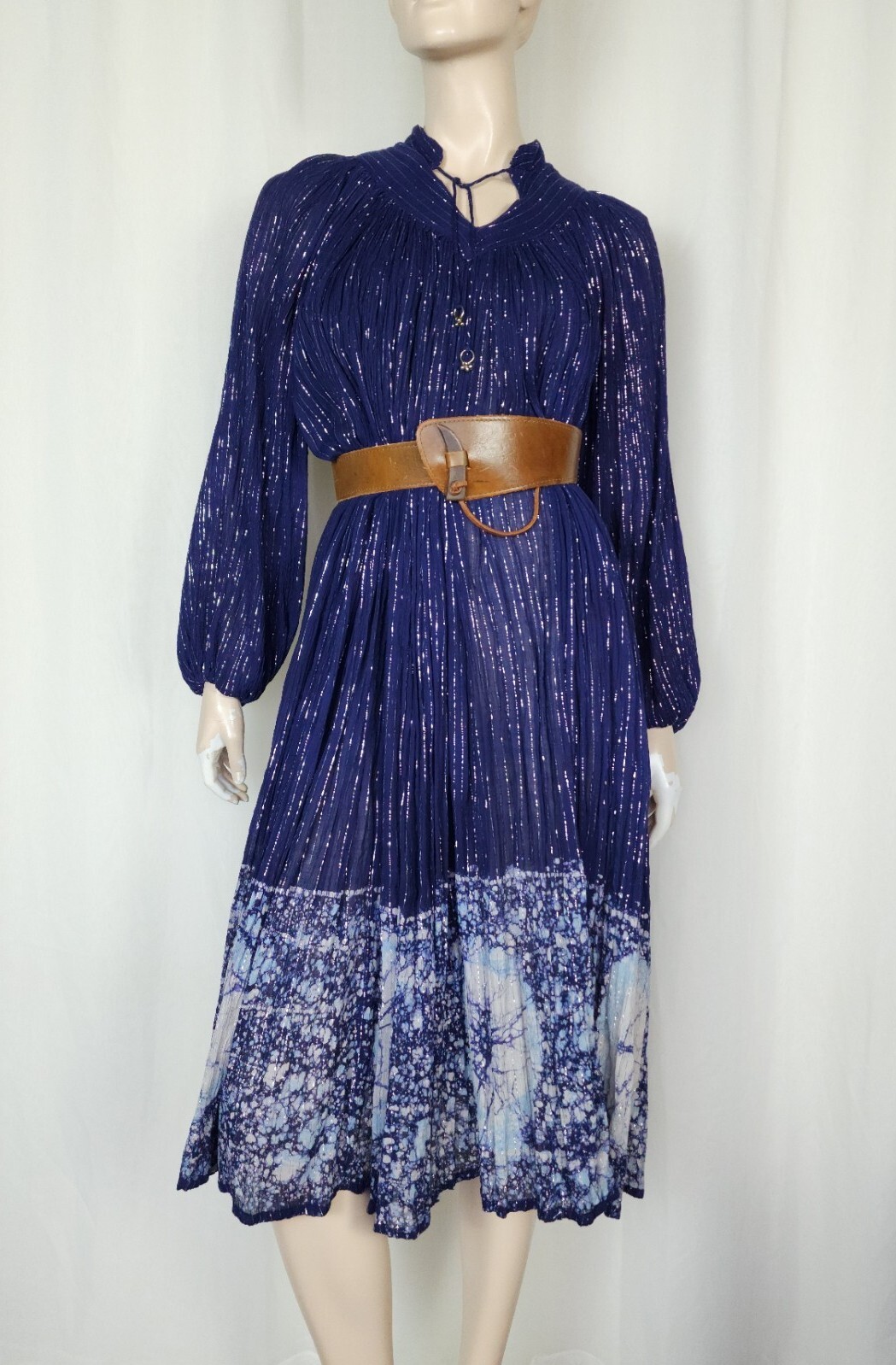 Vtg 70s Bawas metallic lurex tiedye cotton gauze hippie dress navy