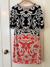 Eliza J mid sleeve shift dress size 2. Black, white, and orange graphic pattern