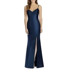 ALFRED SUNG D758 Women's Sz 10 Midnight Surplice Satin Twill Trumpet Dress $242