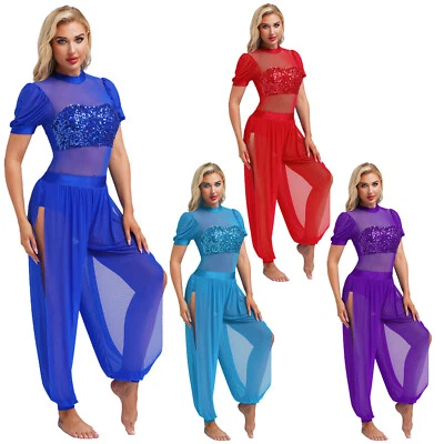 MARKENLOS DE Damen Bauchtanz Kurzarm Jumpsuit Mesh Pailletten Overall mit Weite Hose
