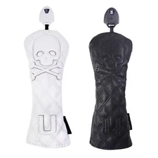 Premium Leather Black White Skull Golf Rescue Head Cover Hybrid Club Cover