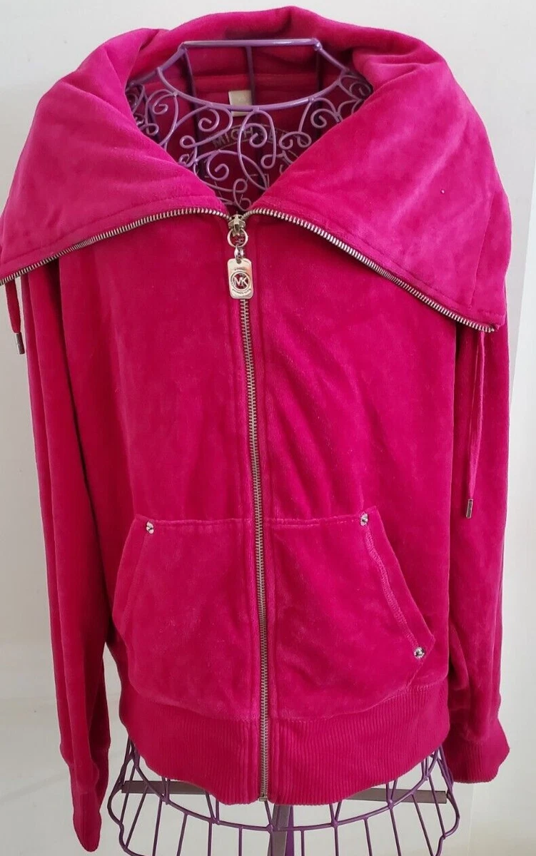 Michael Kors Magenta Hot Pink Soft Velour Full Zip Track Jacket Silver Tone XS
