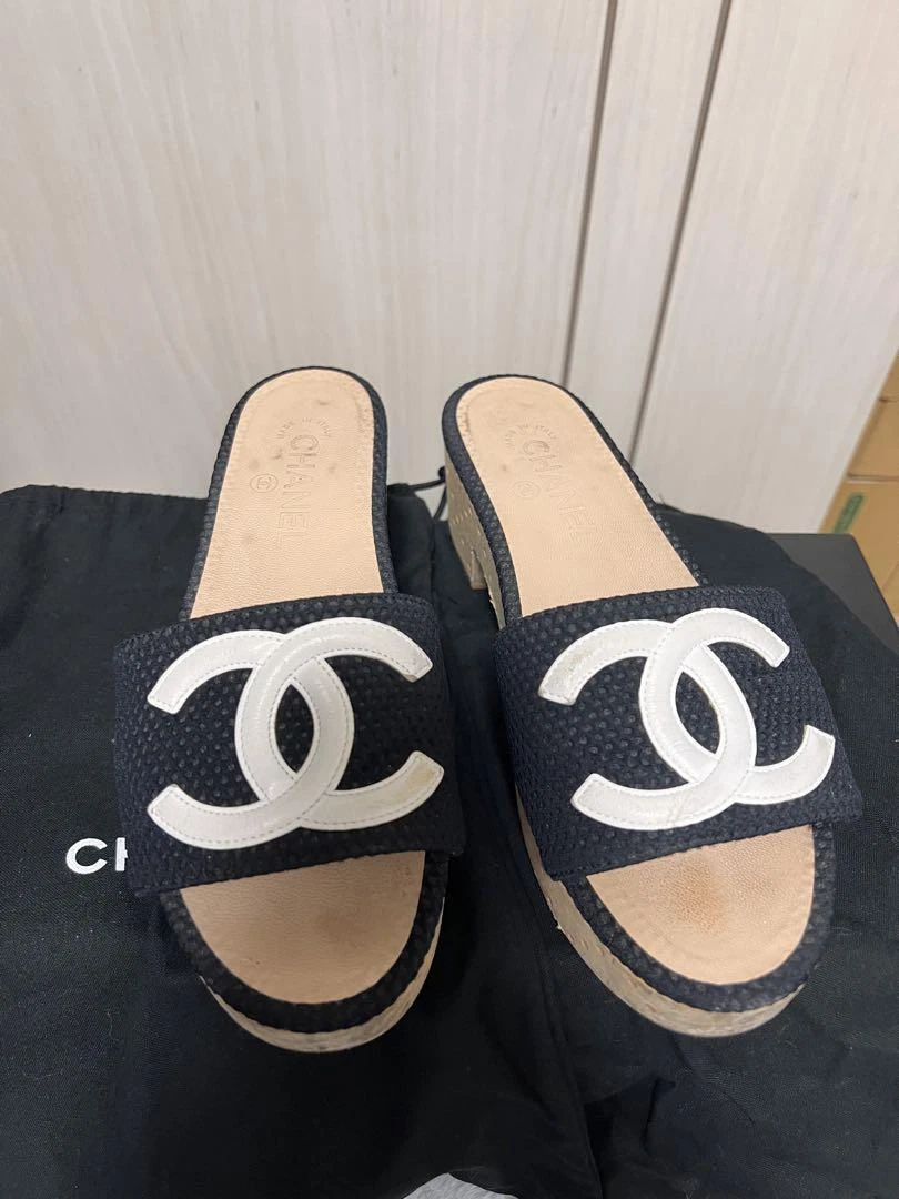 CHANEL Big COCO Mark Sandal 38 Black X White Authentic Women Used