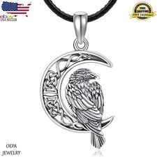 Raven Necklace 925 Sterling Silver Viking Celtic Moon Crow Raven Necklace