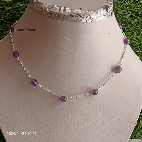 Collana Catena Perline Ametista Ovali Lisce Argento Sterling 925 Regalo Le - Foto 2 di 5