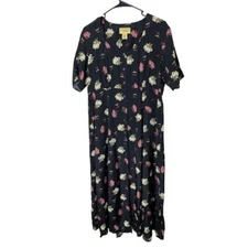 Vintage SOSTANZA Black Floral Print Button Front Short Sleeve Maxi Dress 90s L