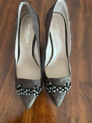 Napoleoni Women's Brown Leather Studded Kitten Heel Pump Shoes 39