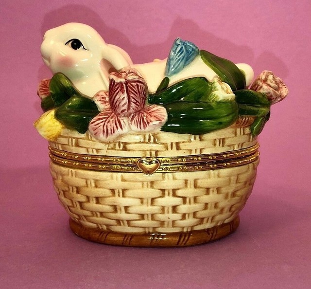 Easter Hinged Porcelain Trinket Box Bunny Rabbit Nestled in a Basket of