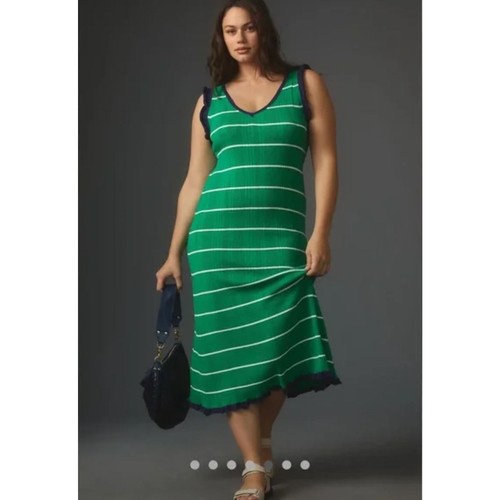Anthropologie Daily Practice Knit Striped Midi Dress Large Kelly Green Preppy - Imagen 15 de 15