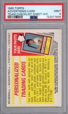 1980 Topps ADVERTISING CARD Team Checklist Sheet H/C PSA 9 MINT RARE!  POP 1