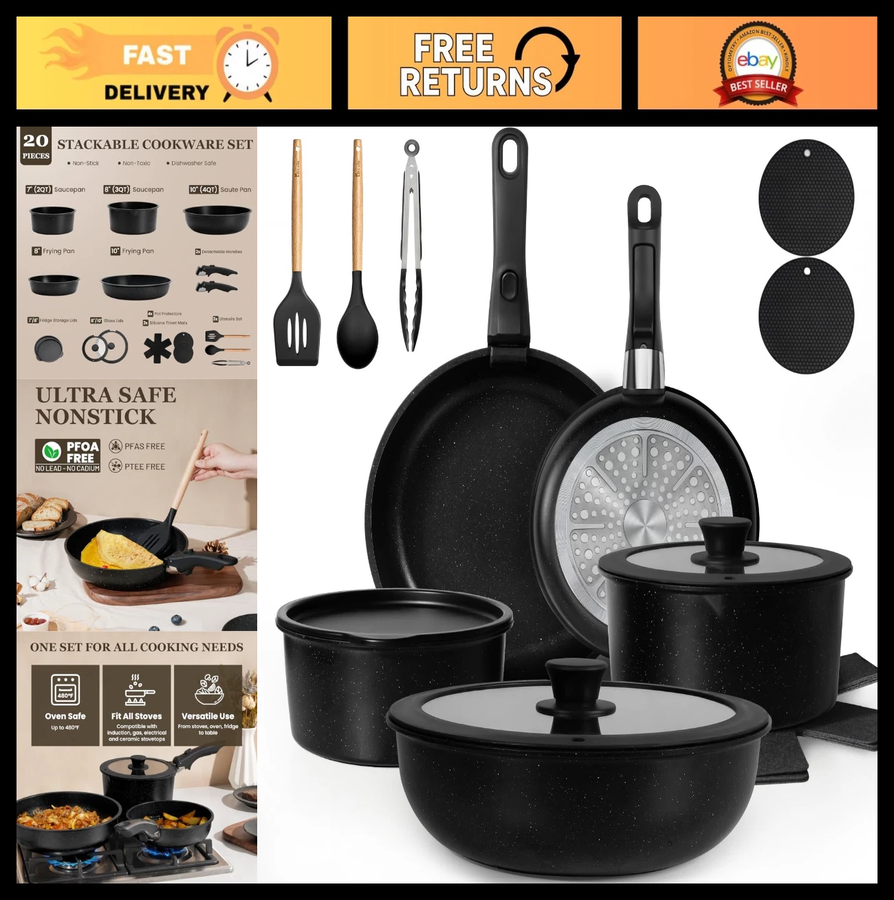 20 Pcs Non-Stick Cookware Set, Detachable Handle Pots & Pans, Induction Safe, Ea