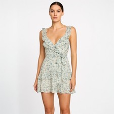 Windsor Romantic Blue Sleeveless Floral Ruffled Chiffon Mini Skater Dress Size S