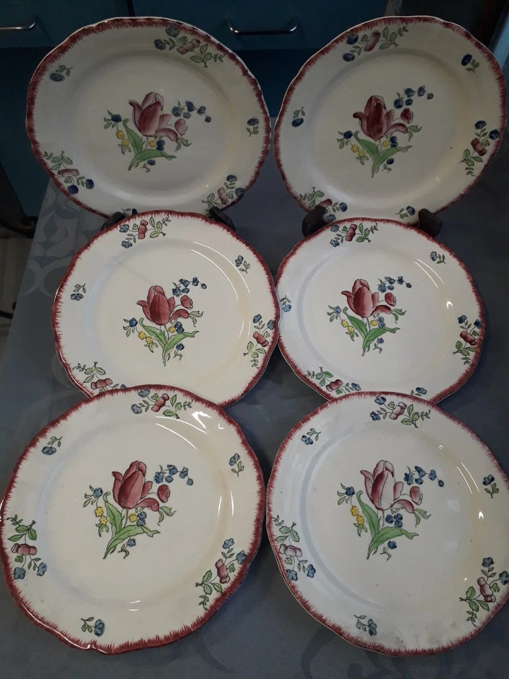 🍽️ 6 Assiettes Anciennes Gien Modèle Lorraine Vaisselle Vintage Motifs  tulipe - Photo 3/4