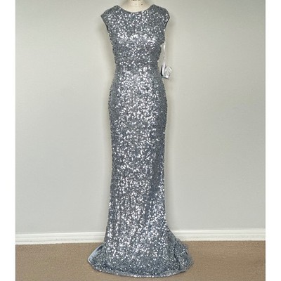 Primavera Silver Sequin Boat Neck Cap sleeve Cowl Back Formal Evening  Dress 6