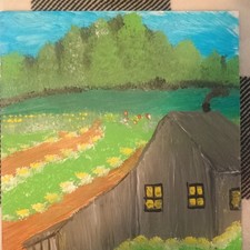 Original Handmade Folk Art Acrylic Painting on Canvas – Barn, Flower Field, Tre…