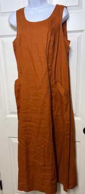 J Jill Love Linen Medium Rust Orange A-Line Maxi Dress Sleeveless Open Pockets
