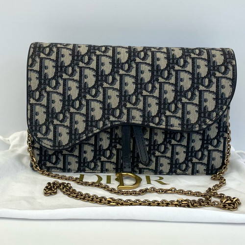 Christian Dior Saddle Woc GM Oblique Canvas Crossbody Bag Blue Gold Hardware