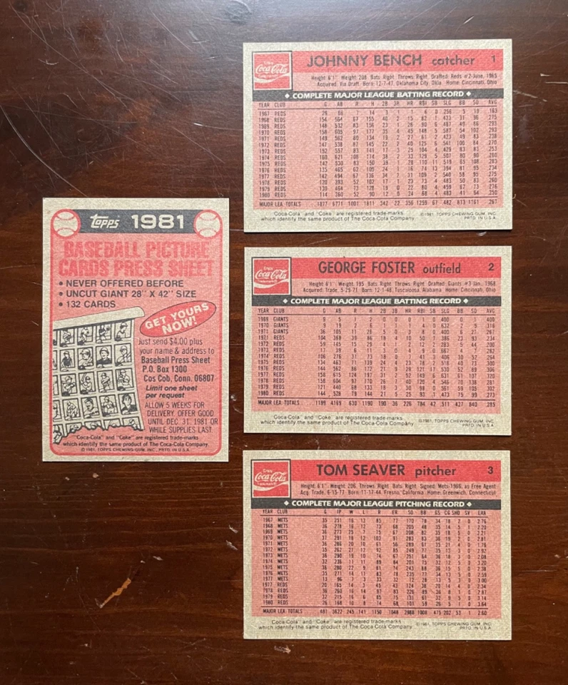 Coca Cola Cola 1981 Topps - Juego promocional Rojos - # 1 Banco 2 Foster 3 Seaver raro Foto 2 de 4
