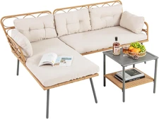 3 Pieces Corner Patio Furniture Set, PE Rattan L-Shaped Cushioned Sofa Set with 