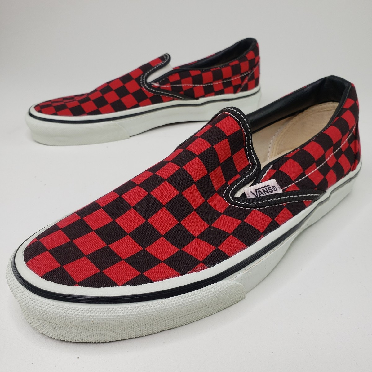 90s vans usa製 old skool 赤チェッカー Vintage 90s Vans Checkerboard Slip On Black Red Mens 9 Skate USA