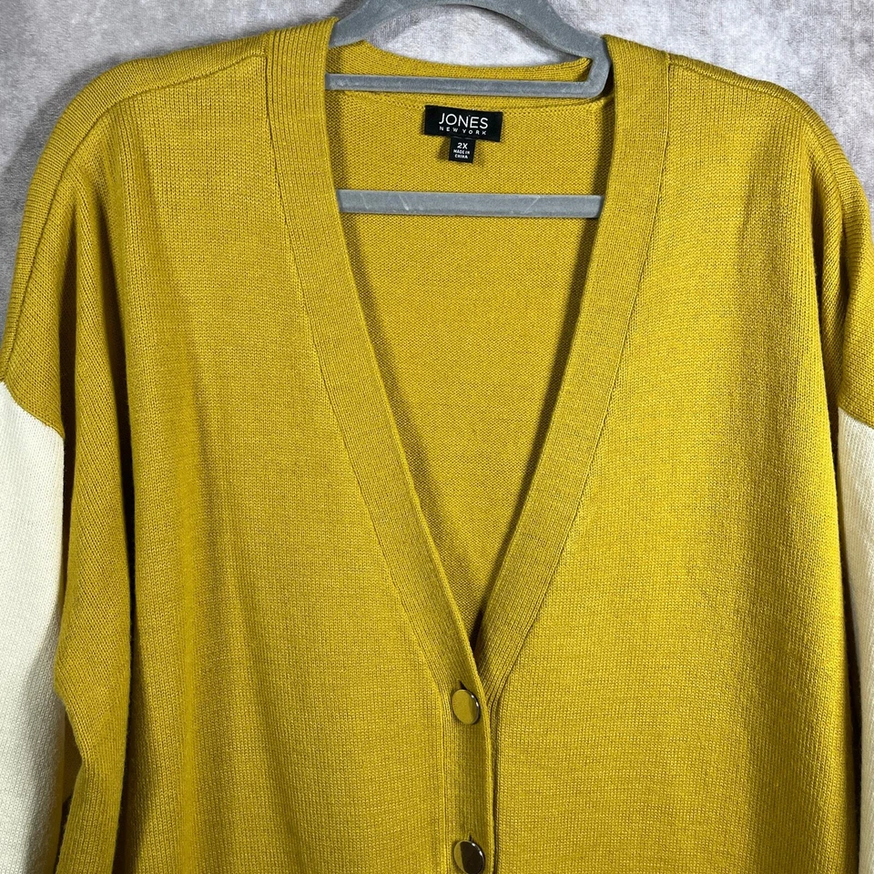 Jones New York Cardigan Sweater Womens 2X Yellow Cream Knit Button Front Pockets - Image 2 of 4