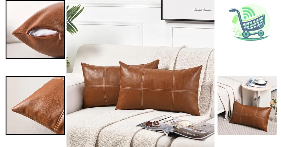 Elegante paquete de 2 fundas de almohada a cuadros de cuero sintético boho marrón 12x20 Foto 2 de 4