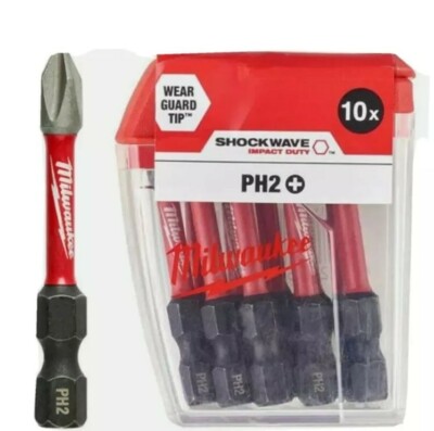 Milwaukee 10er-Pack Shockwave 50 mm PH2 Schraubendreher Bits Plus Verschleißschutz 4932472048