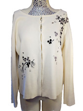 Vintage Beaded White Cardigan Sweater Womens 1X Embroidered Together Seed Beads