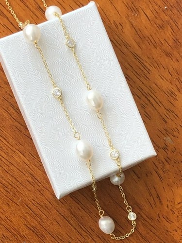 925 Sterling Silver Bezel Cz Freshwater Pearl Station Necklace 3mm 8.5mm 21"