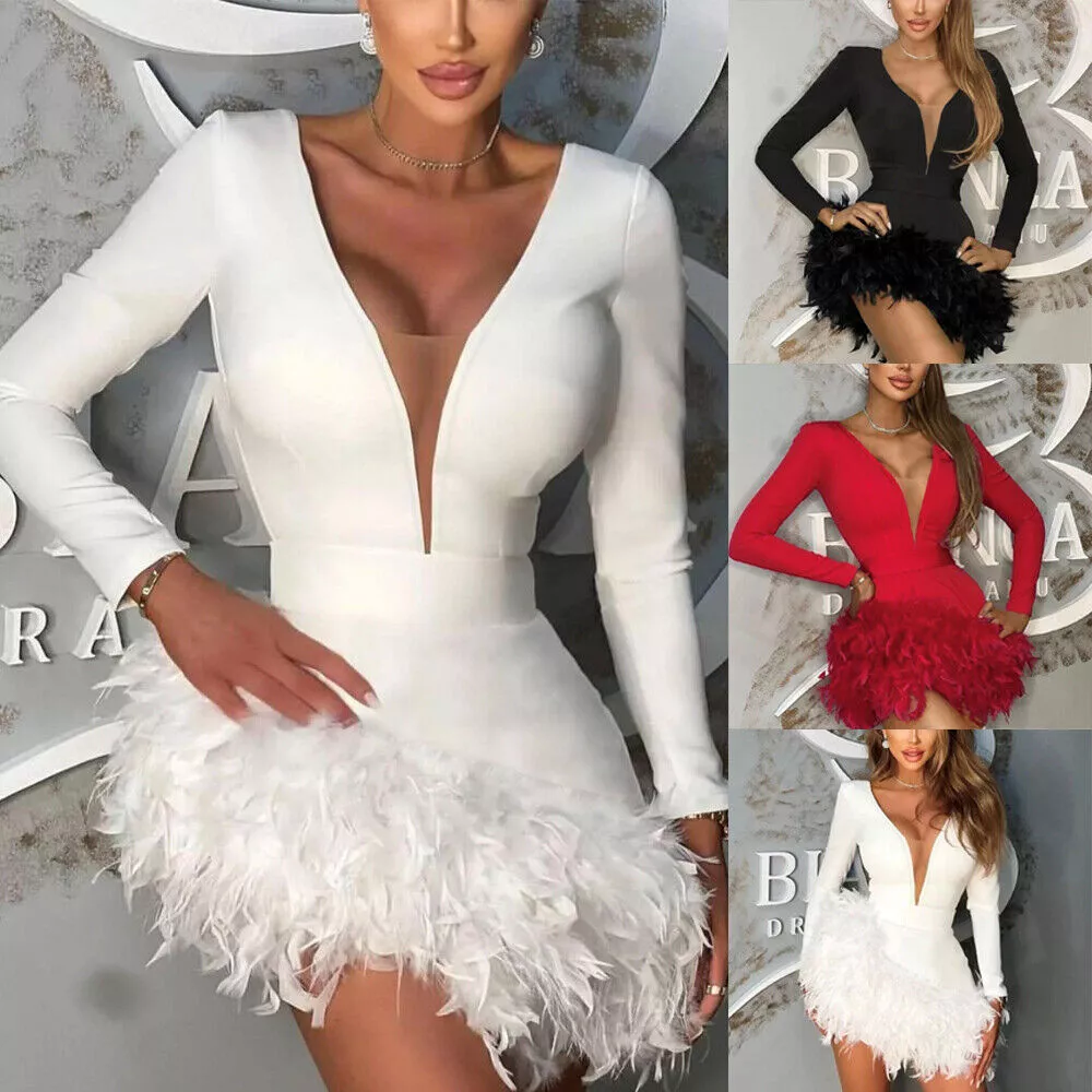Deep v feather top detail bodycon mini dress