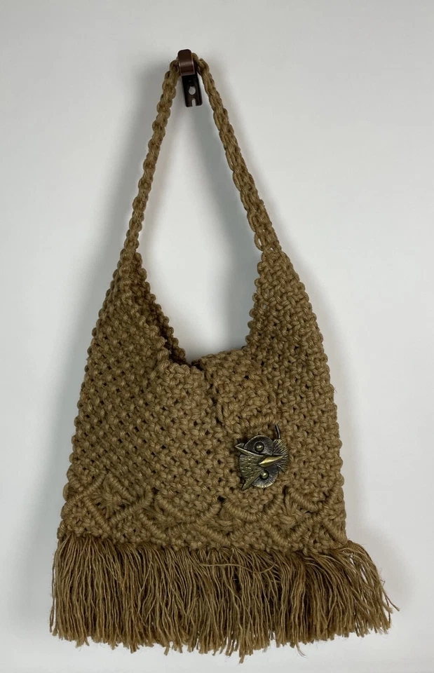 Bolso Burning Man Rave Retro Boho Macramé Crochet con Cierre de Búho + Flecos Grande Foto 3 de 4