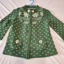 VTG DC Skate Sweater GIRLS Zip-up Green White Snowflakes POCKETS Button YOUTH XS