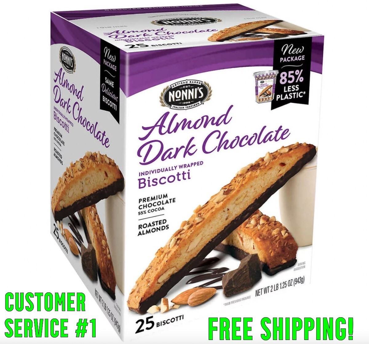 Nonni’s Biscotti Almond Dark Chocolate 25 Bars Cookie Biscuits Snacks