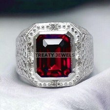 Garnet Emerald Cut Gemstone With 925 Sterling Silver Ring For Men's 671
