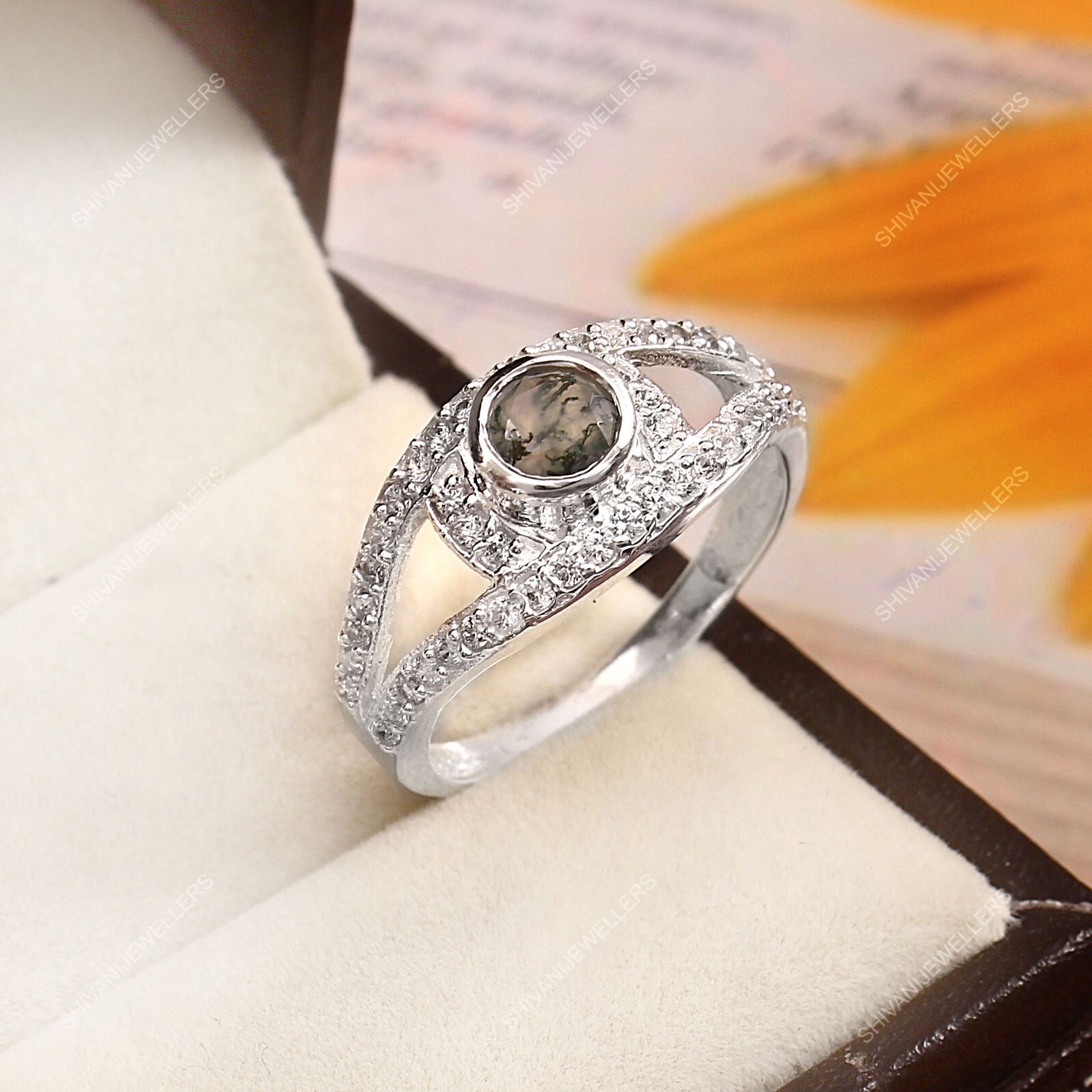 Natural Moss Agate Engagement Ring in 925 Sterling Silver Handmade Jewelry-image