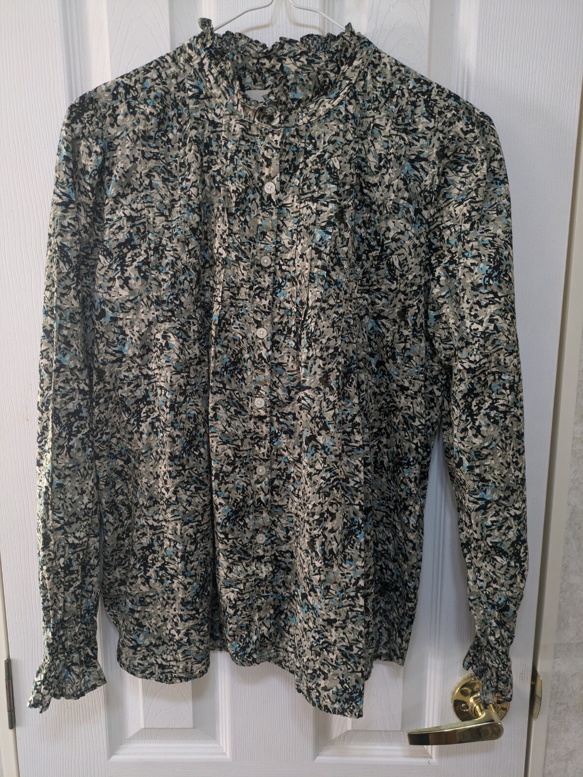 Loft Size S Long Sleeve Peasant Top Mock Neck Ruffled Multicolored 100% Cotton